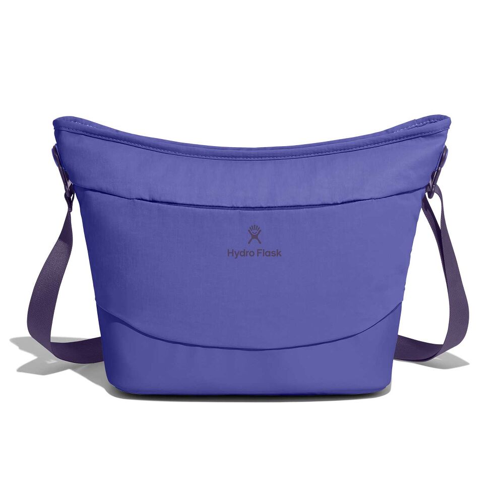 Purple Hydro Flask insulated cooler bag with curved wide top, structured bottom, adjustable shoulder strap on both sides, and logo in a darker shade on front.